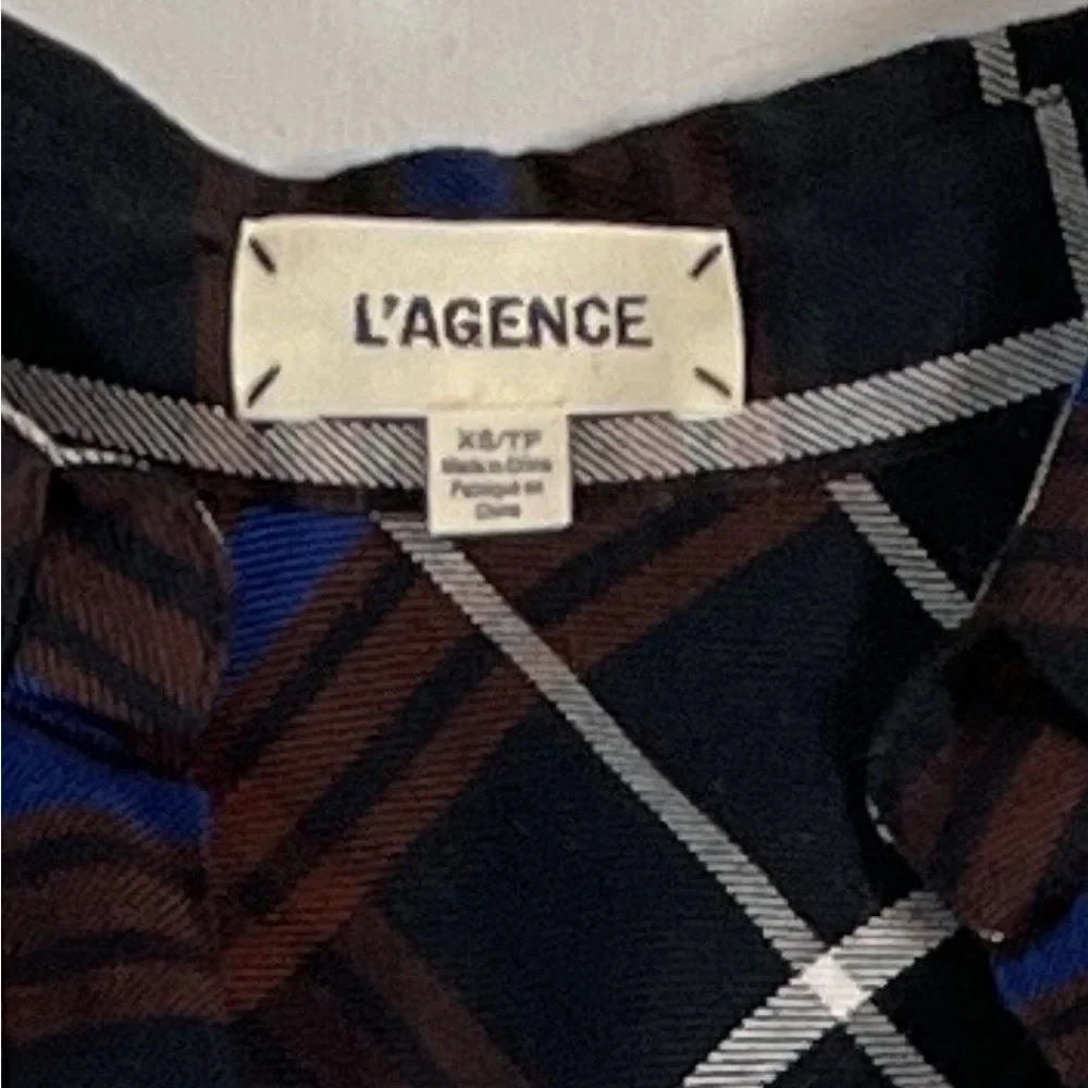 L’AGENCE Flannel Plaid Shirt Contrast Black Silk Back, Blue and Brown - Size XS